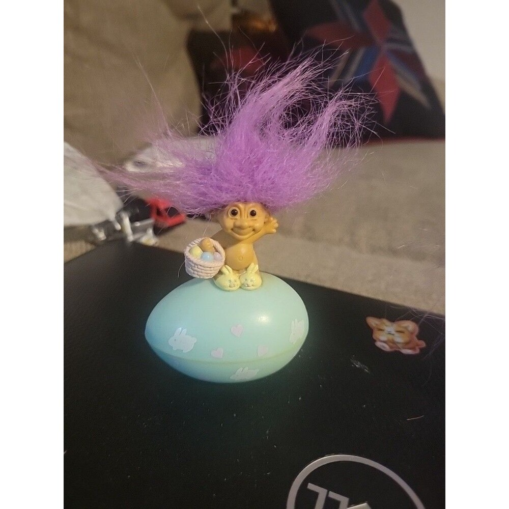Vtg EASTER EGG Russ Troll Doll Pastel Decor Holiday Pastel Purple Hair Green Egg